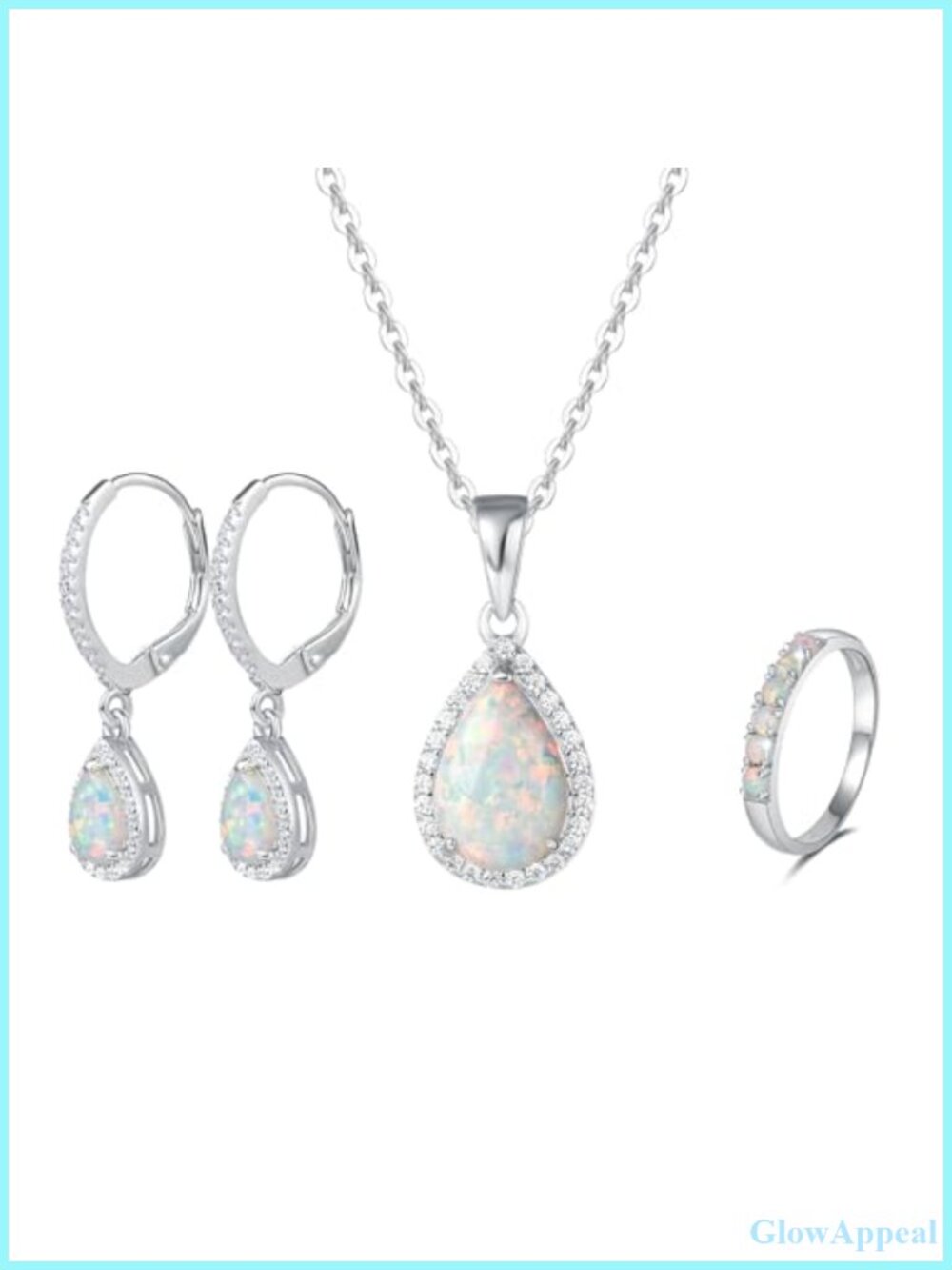 Sterling Silver Opal Jewelry Set Necklace Earrings Ring October Birthstone